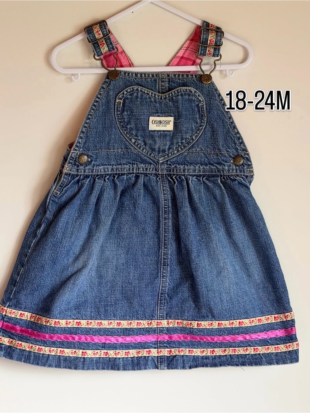 Vintage OshKosh B'gosh Denim Pinafore Dress with Pink Trim